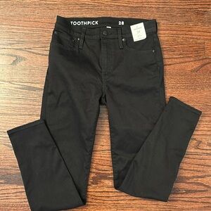 Brand New J Crew black toothpick jeans, 28